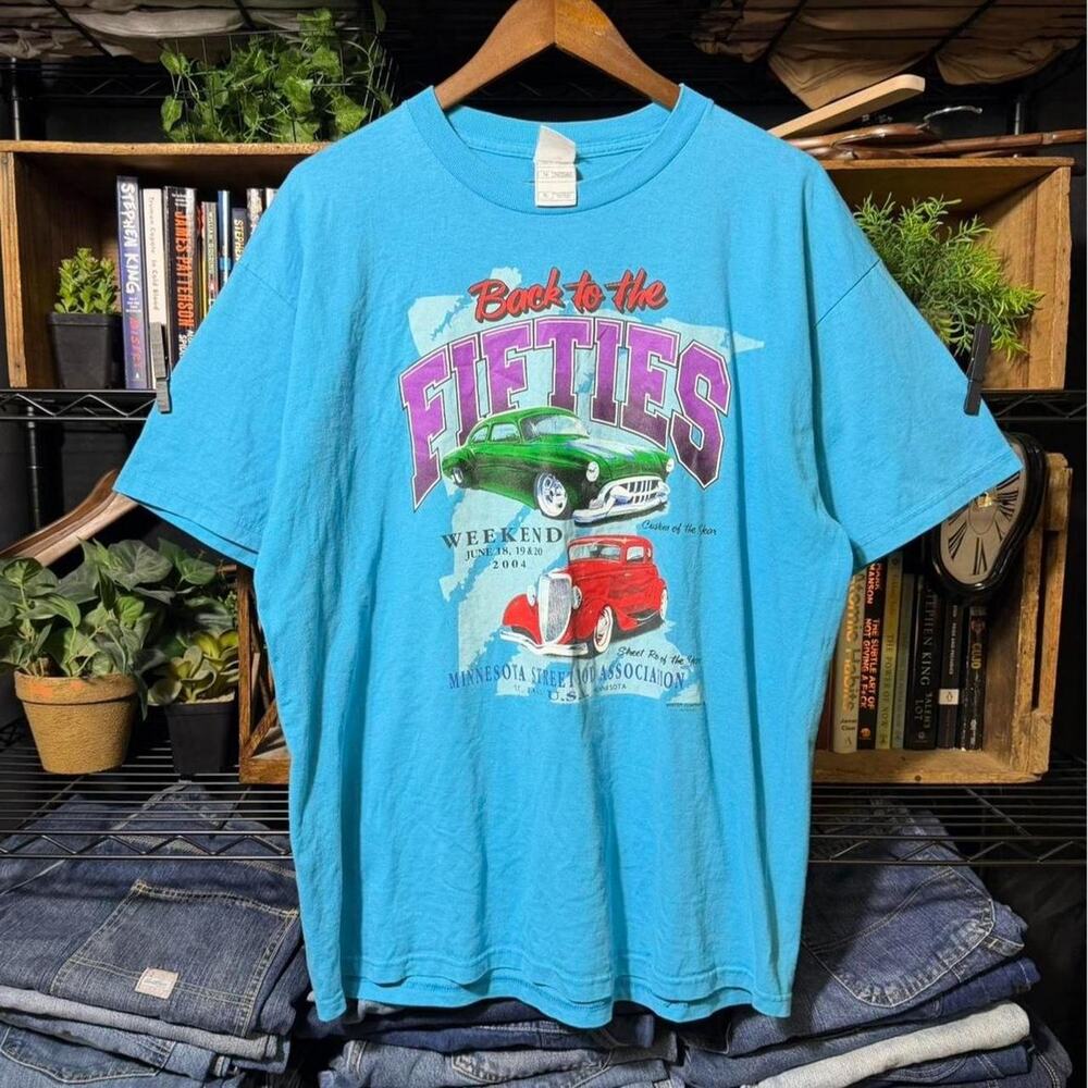 Vintage Y2K Back to the Fifties Car Show Tee Shirt Blue Racing Minnesota Mens XL